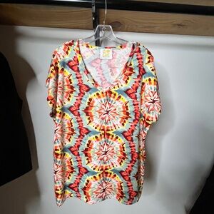 Cake Multicolor V-Neck Short Sleeve Top - Red, Yellow, Blue Peace Love Cake